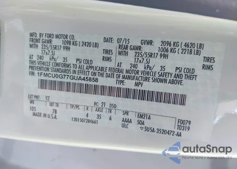 2016 Ford Escape Se from USA, damaged, VIN 1FMCU0G77GUA45858